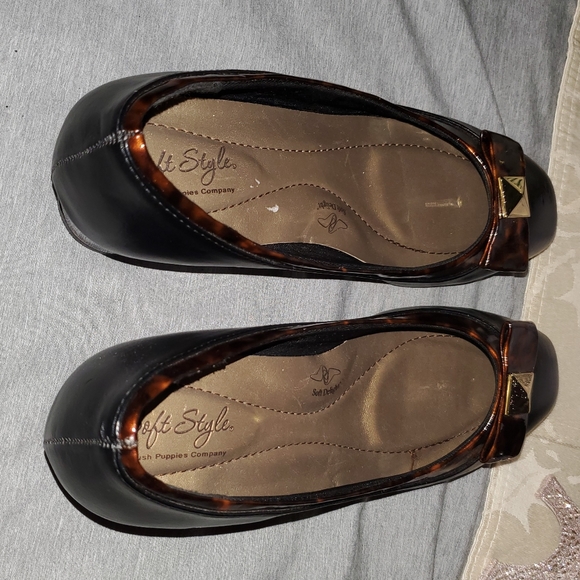 516-Hush Puppies Soft Style 1.5" heel patent animal print heel/trim/bow Sz 7.5w - Picture 4 of 11